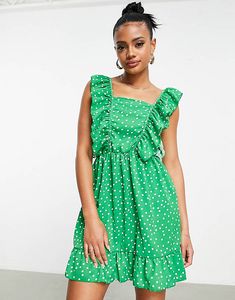 AX Paris - Grøn kjole med firkantet hals, flæseærmer og polkaprikker på tilbud til 107,6 kr. hos Asos